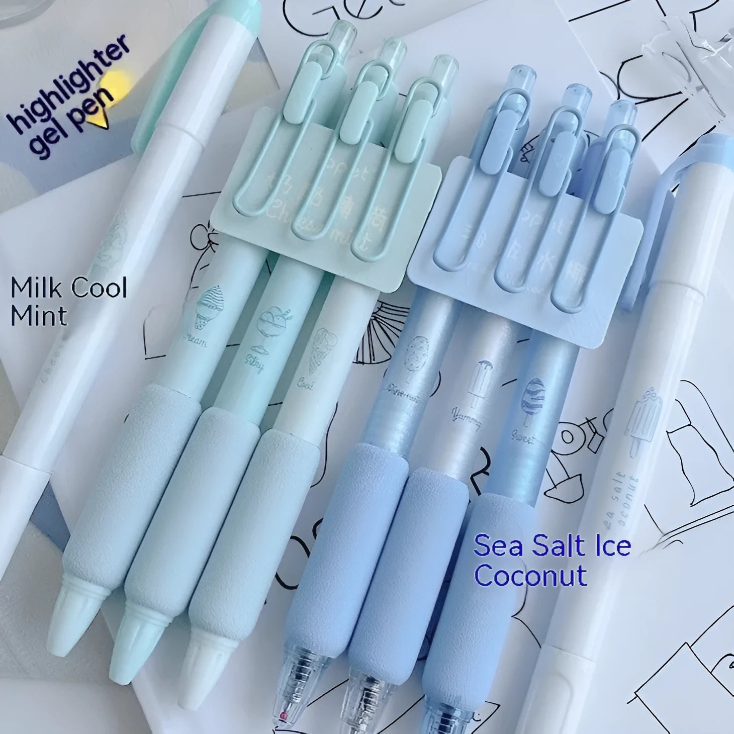 Four double-headed neutral calligraphy pens with 0.5mm sponge press tips in cheese mint and sea salt ice cup colours