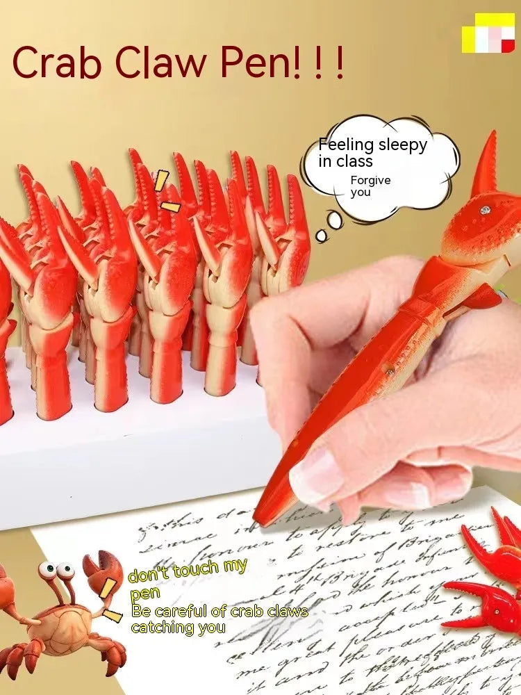Crab-shaped novelty ballpoint pen with can clip attachment and press-down mechanism