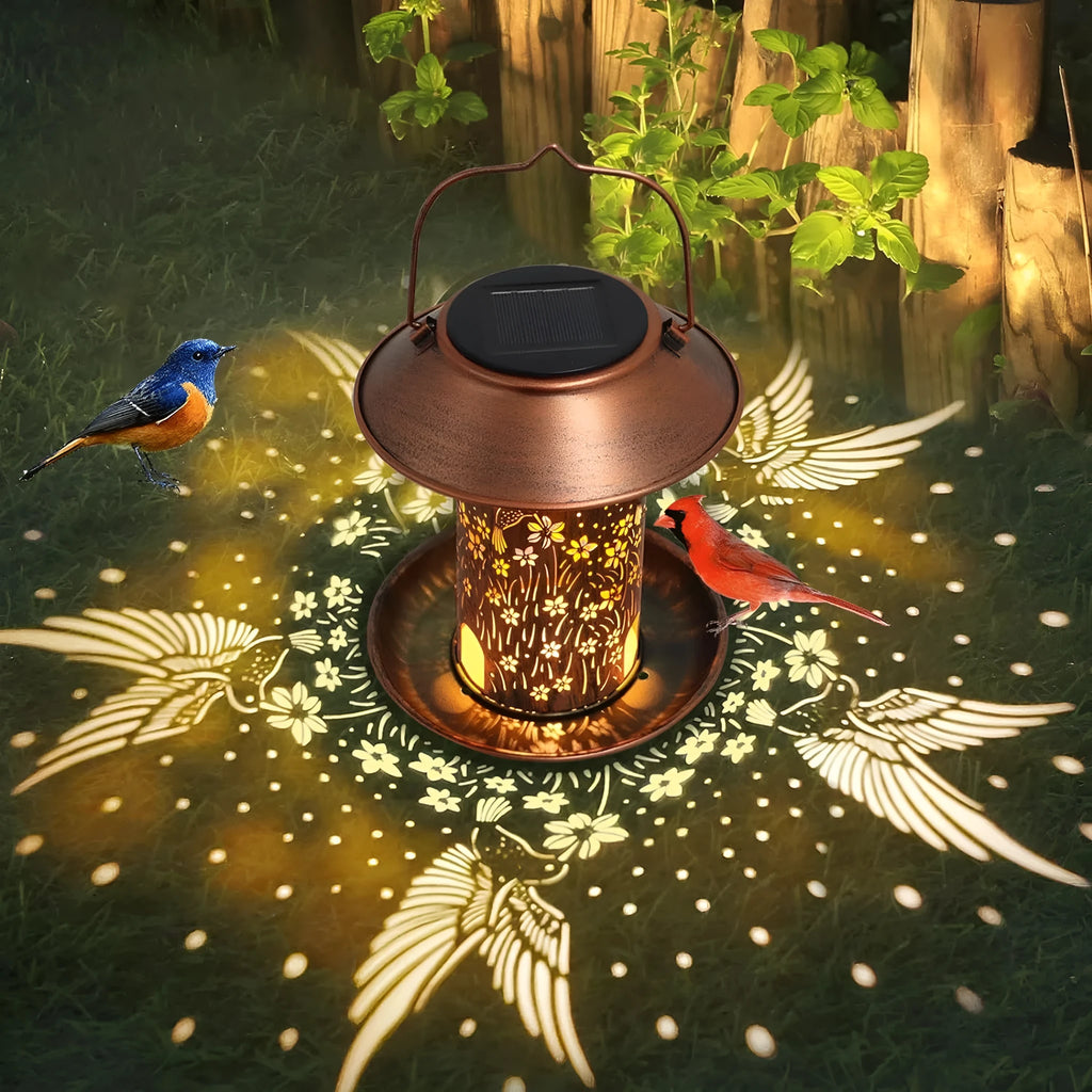 Solar-powered hummingbird-shaped iron art lamp feeder for outdoor gardens with bird feeding function