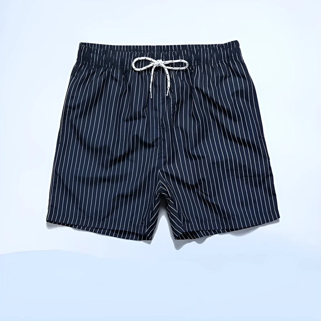 Men's striped beach shorts in polyester blend fabric with triangle lining