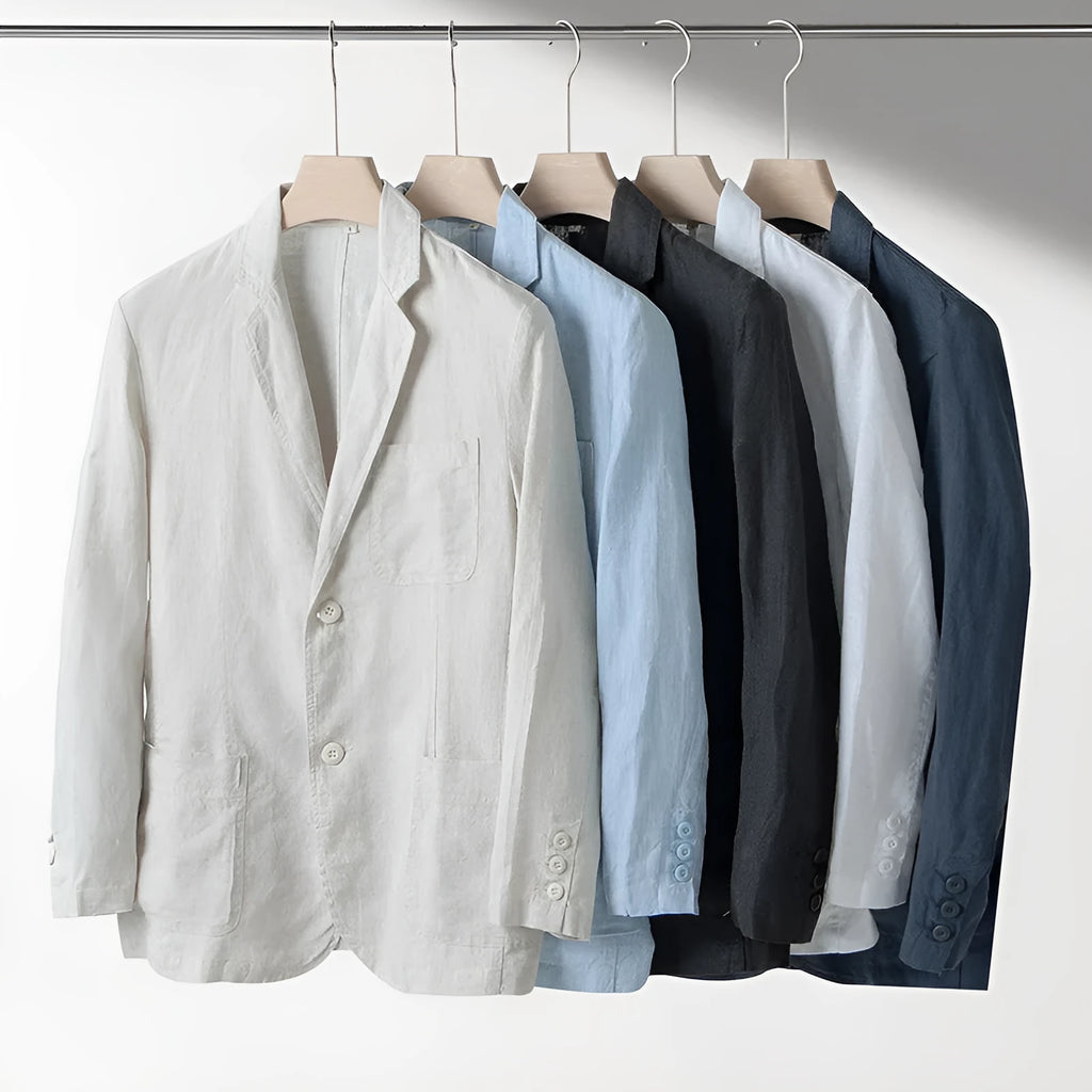 Men's loose-fit linen casual suit jacket in a solid colour, shown with long sleeves.