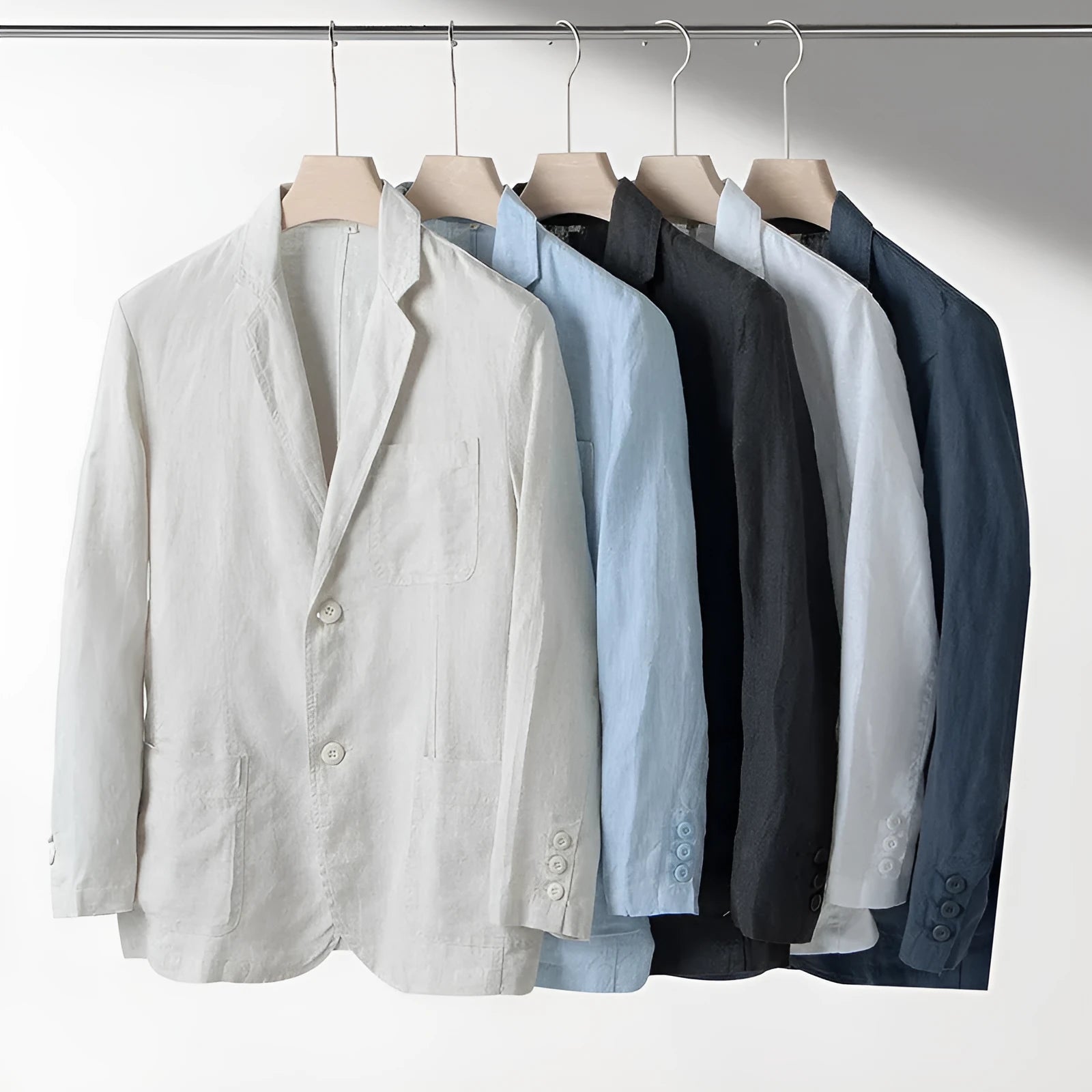 Men's loose-fit linen casual suit jacket in a solid colour, shown with long sleeves.