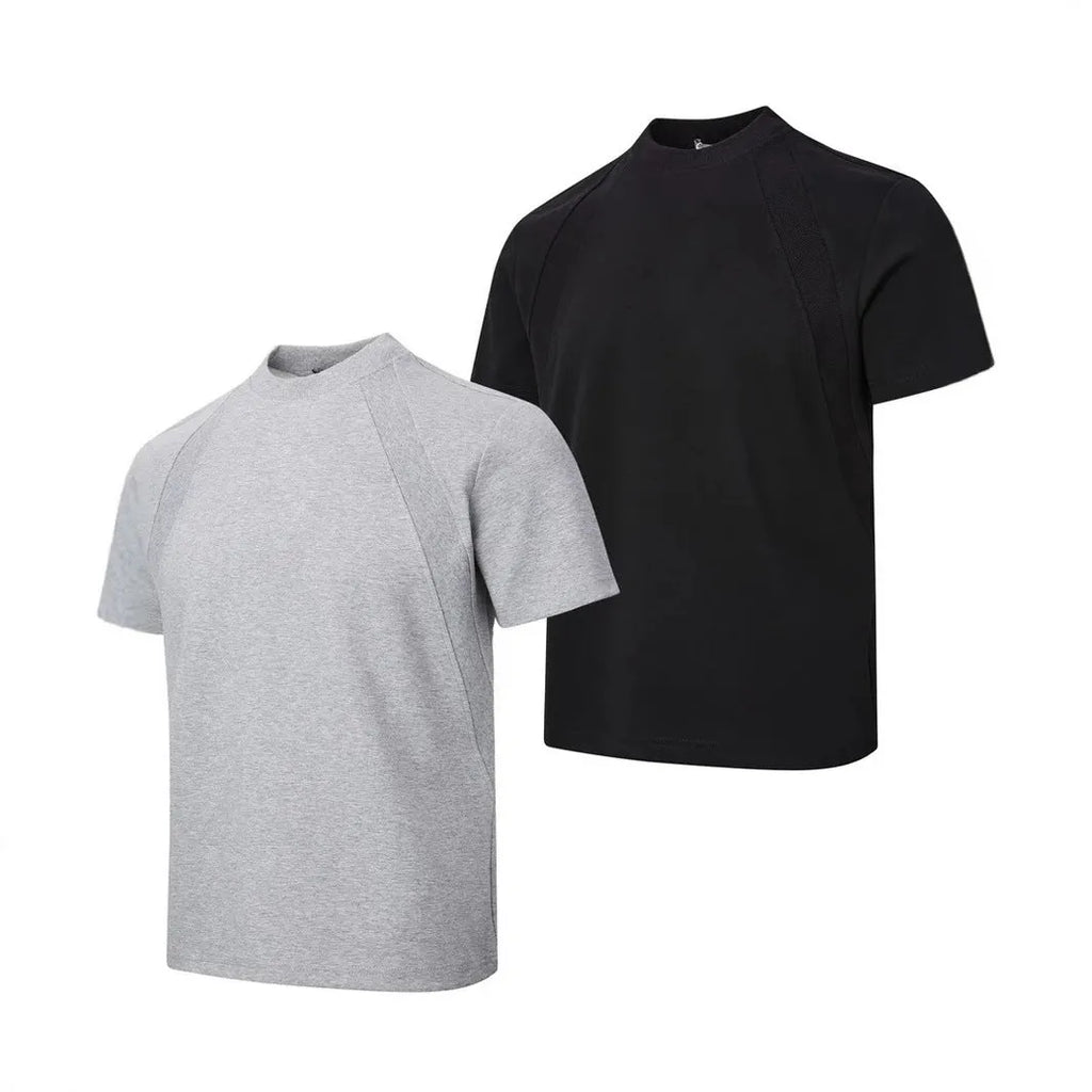 Man's loose grey short sleeve top with textured air layer stitching on the fabric