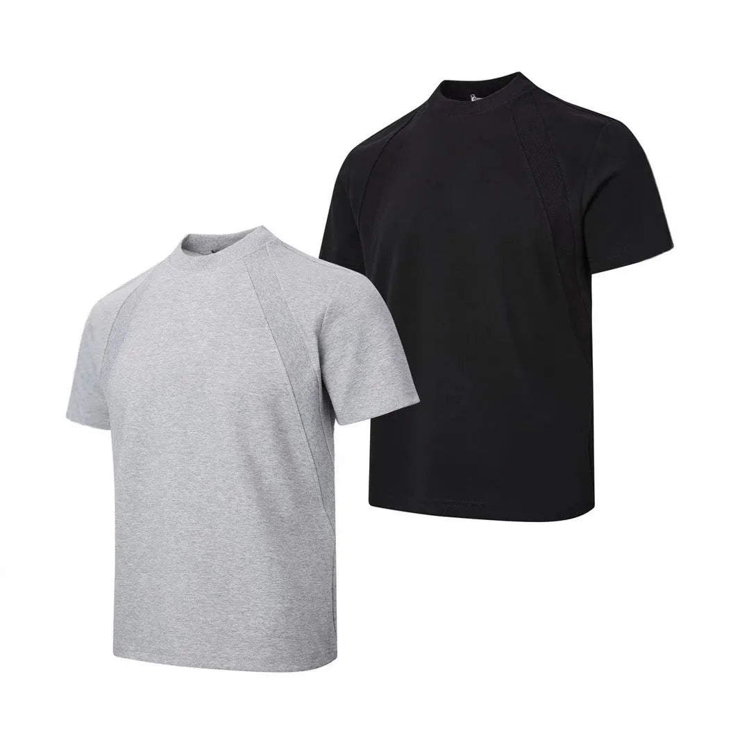 Man's loose grey short sleeve top with textured air layer stitching on the fabric