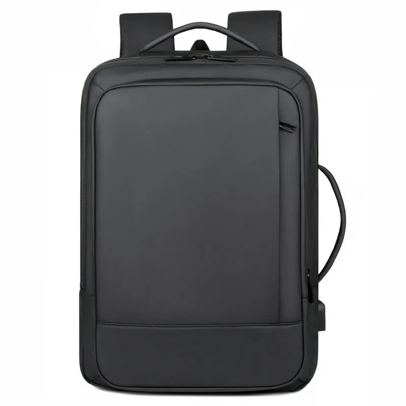 Large black waterproof Oxford cloth backpack with curved shoulder straps on a grey background.