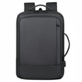 Large black waterproof Oxford cloth backpack with curved shoulder straps on a grey background.