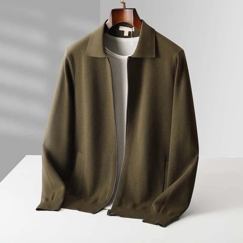 Pure wool men's cardigan in camel with turn-down collar and long sleeves