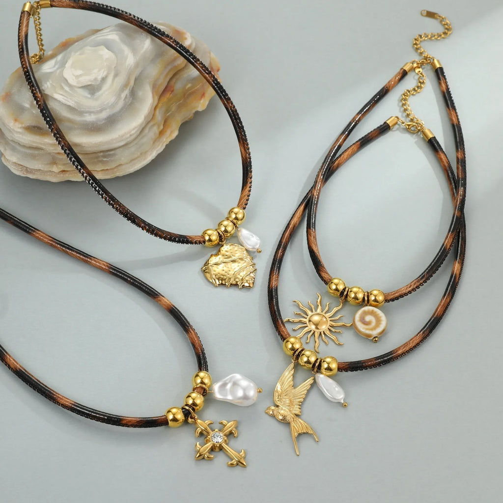 18K gold plated stainless steel necklace with geometric leopard print pendant and adjustable chain for women