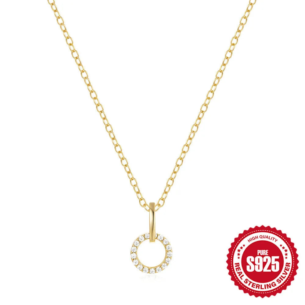 Gold colour S925 sterling silver necklace with geometric interlocking pendant containing micro inlaid zircon stones