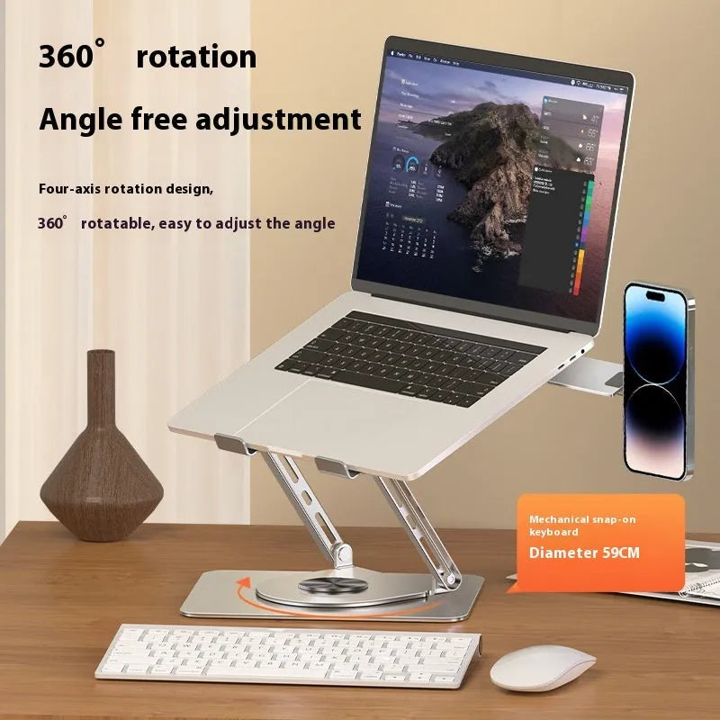 Silver carbon steel laptop stand with 360-degree rotation and side magnetic phone holder for 17-inch laptops
