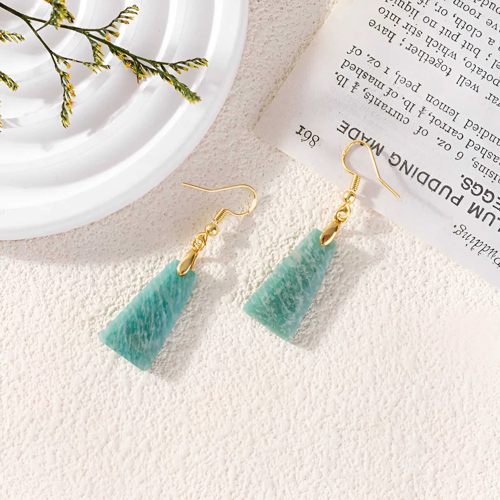 Amazonite rough stone cut trapezoid earrings in geometric design with gold or silver finish