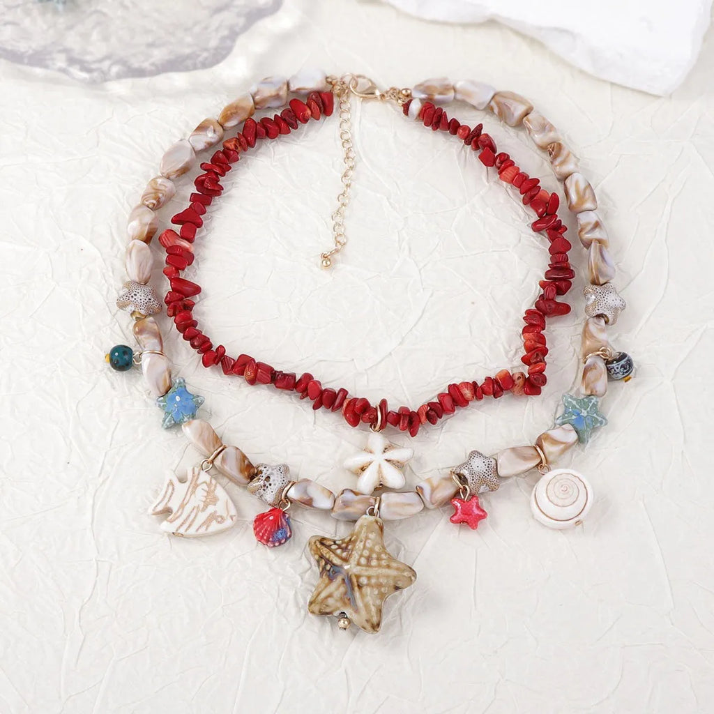 Gold marine life clavicle chain necklace with conch shell starfish pendant on zinc alloy chain for women