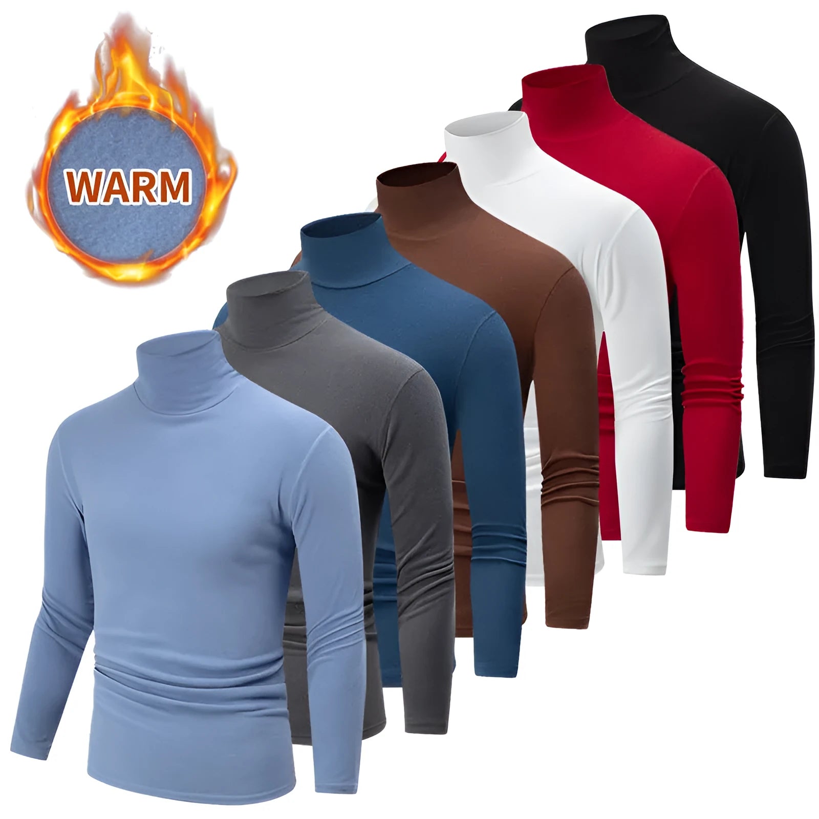 Men's solid colour high-neck polyester base layer top in black, long sleeves, thick fabric for winter warmth