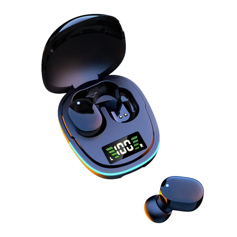 Black true wireless Bluetooth earbuds with charging case showing copper speaker and button controls