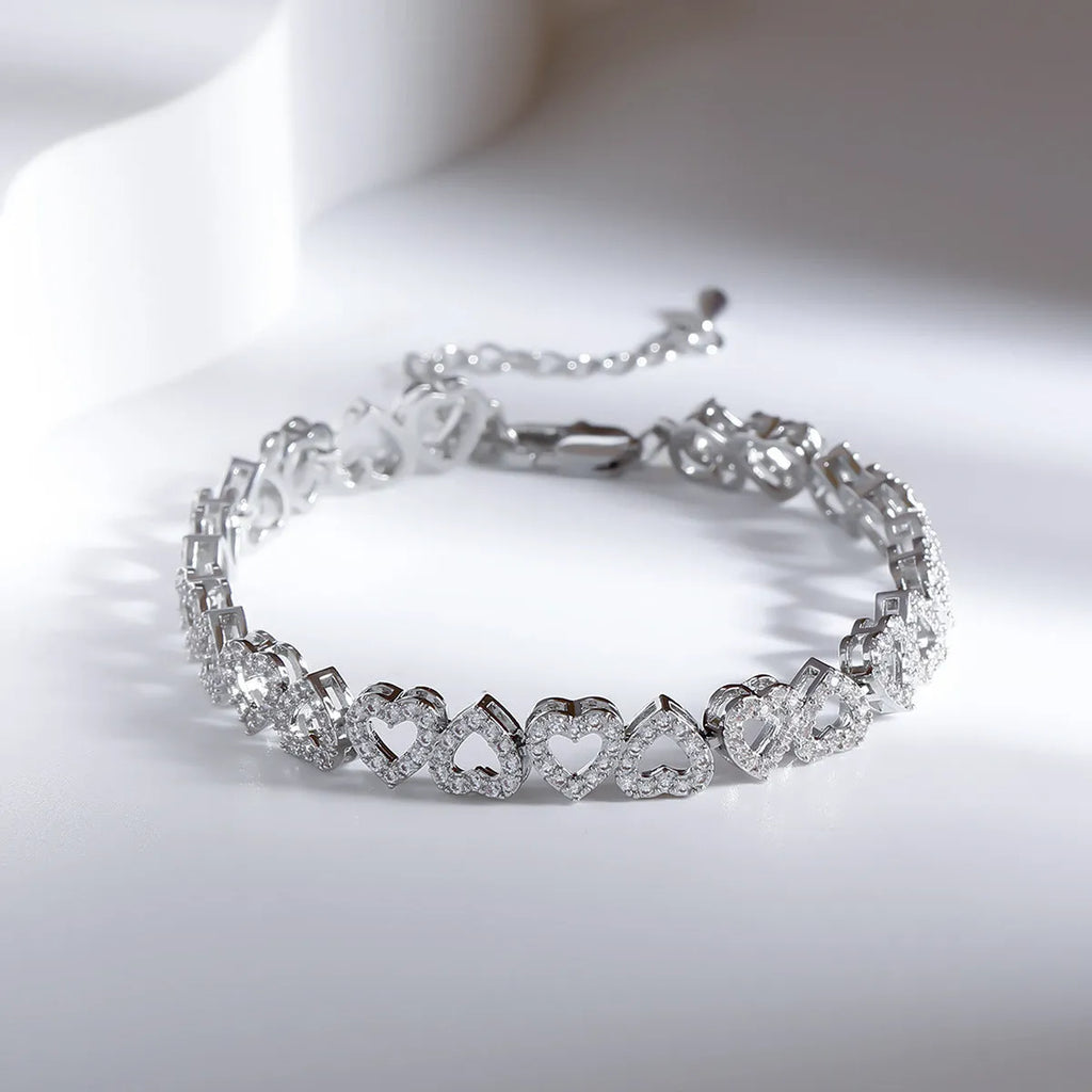 Girl's diamond bracelet with full diamond heart, silver electroplated finish, copper base, heart shaped jewellery for women