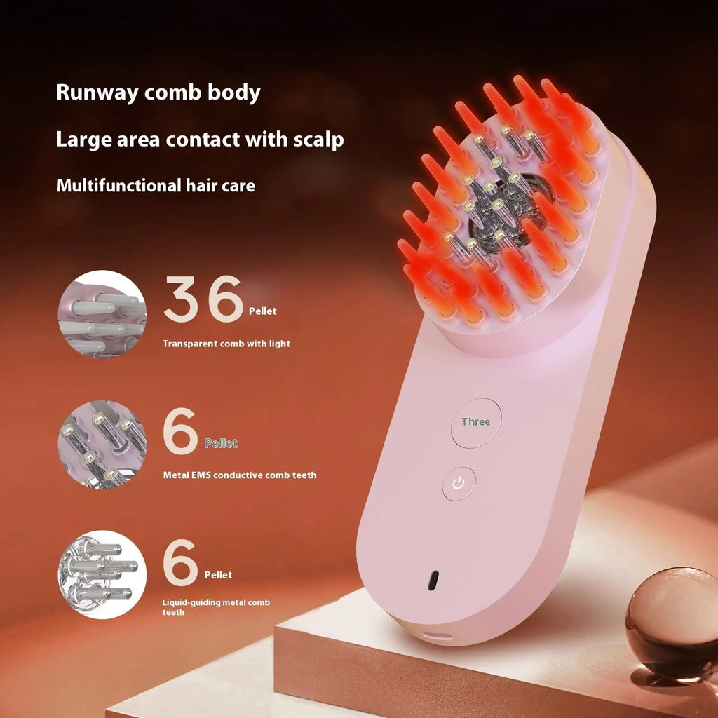 Pink and black smart massage comb for scalp care with red light therapy, shown next to a ruler under 10cm.