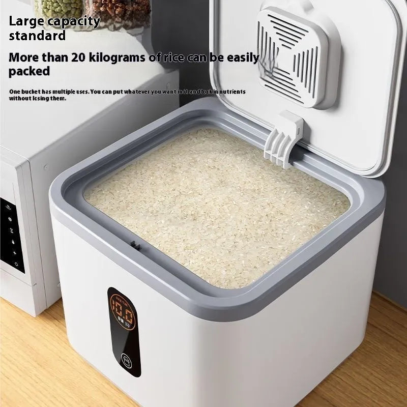 Grey plastic sealed rice storage jar with a lid and a measuring cup, shown in different capacity sizes.