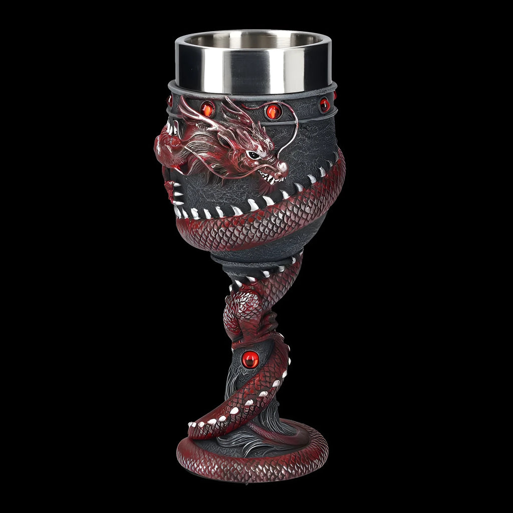 Gold stainless steel wine glass with 3D red dragon sculpture around stem