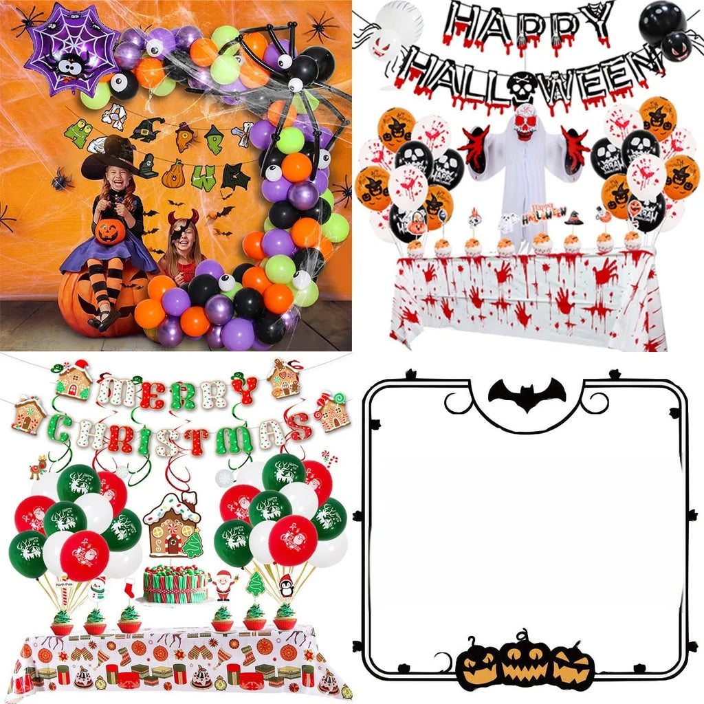Halloween spider balloon arch decoration set with skull and pumpkin ornaments in white and black colours