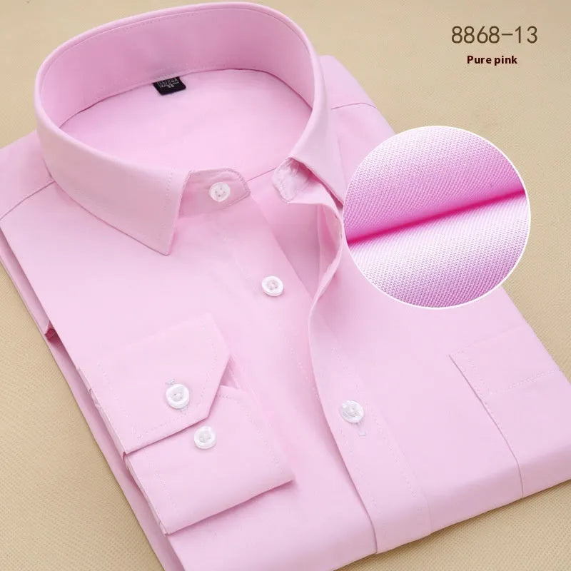Men's black long sleeve cotton business shirt on a hanger showing slim fit and solid colour