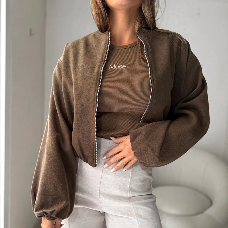 Women's off-shoulder lantern sleeve short coat in brown colour showing loose casual fit
