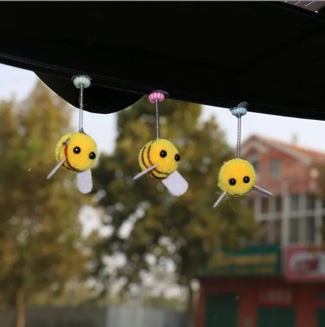 Swing spring bee car decoration with fur ball material, 3 cm size, cartoon design