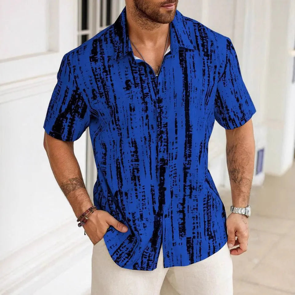 Man wearing a blue and white striped short sleeve casual summer shirt.