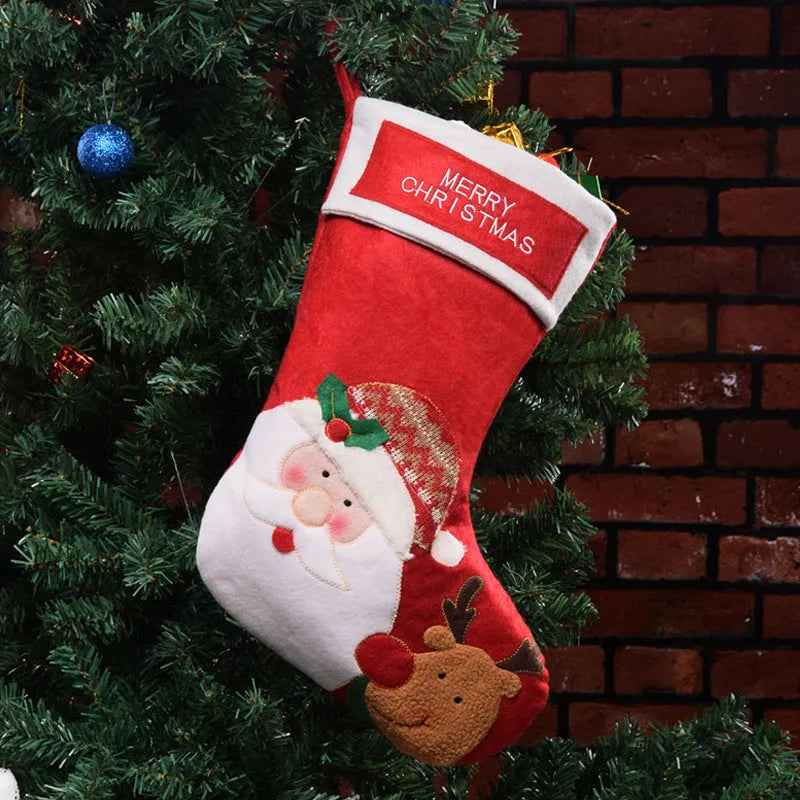 American style Christmas stocking in non-woven fabric featuring Elk, Old Man, or Snowman design for festive hanging decoration