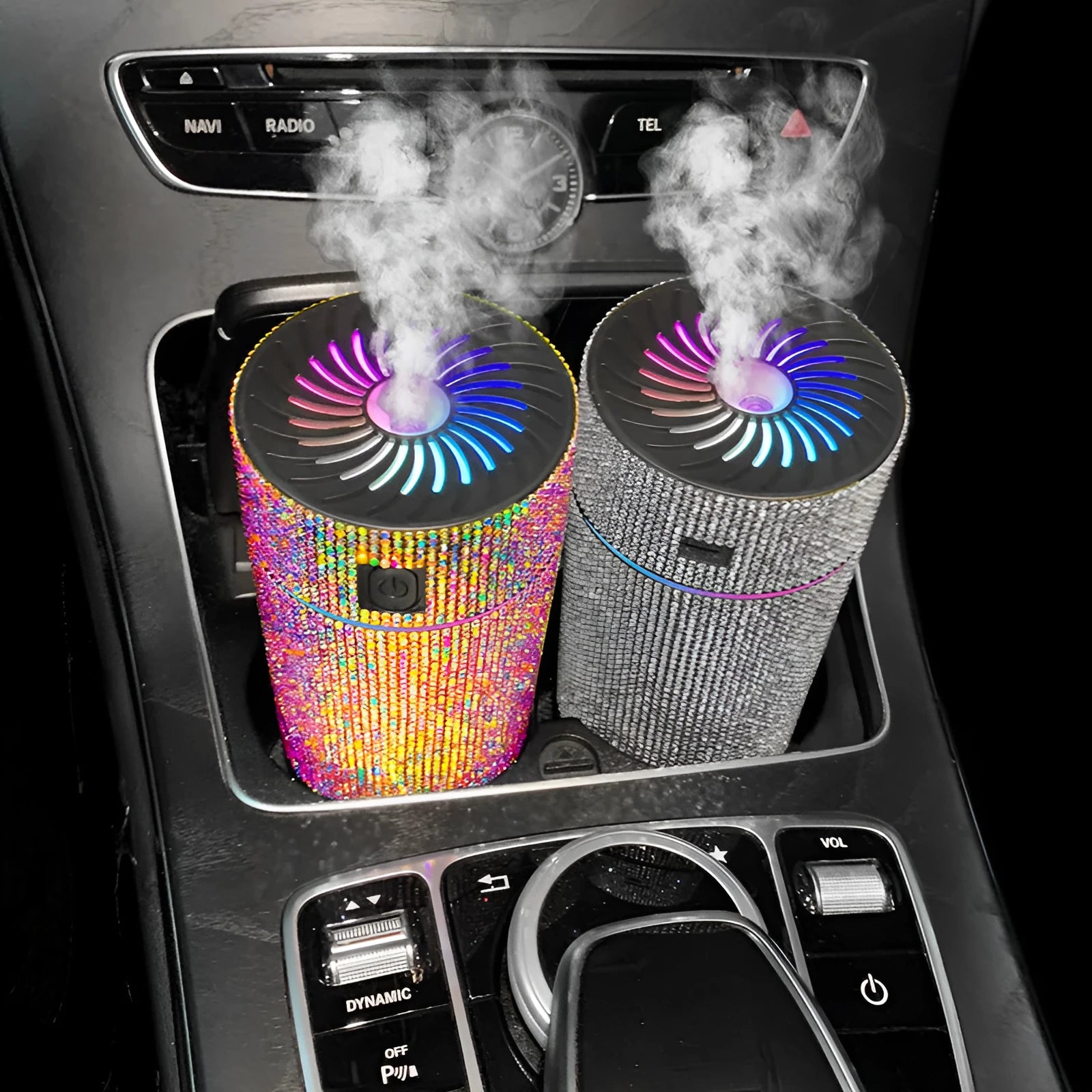 Compact car-mounted air purification humidifier in diamond colours with USB power cable