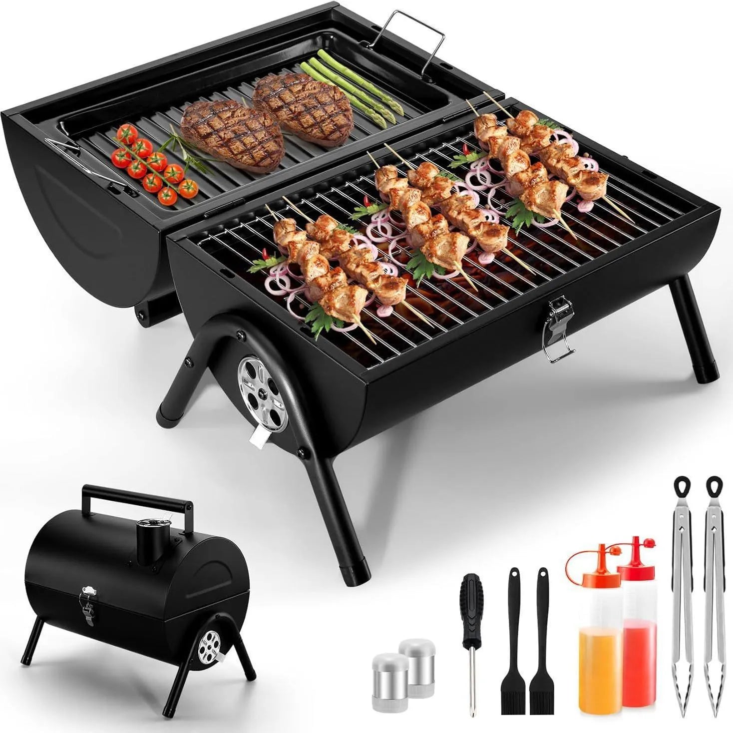 Small folding desktop charcoal barbecue smoking device with grill