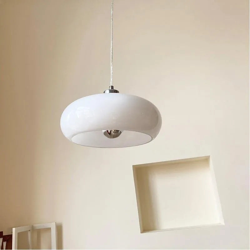 Bauhaus style three headed egg tart pendant light with glass shades in milky white finish