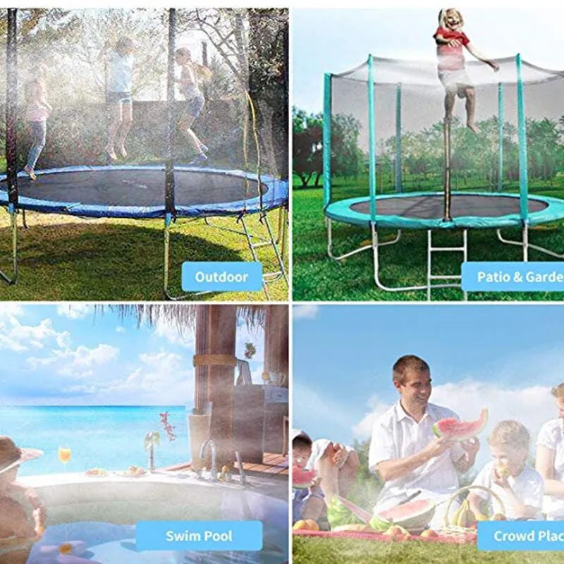 Blue portable PVC garden sprinkler with solar water cooling panel and adjustable length hose