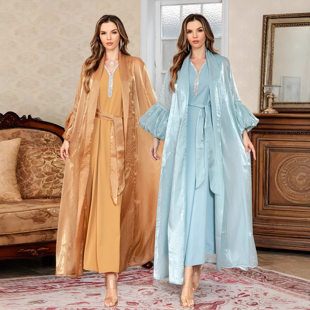 Dubai two-piece Arabic dress set with rhinestone straps in polyester fabric