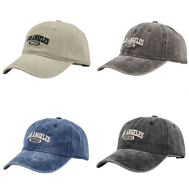 Retro peaked cap with distressed letter embroidery in conical crown style, adjustable 54-59cm fit