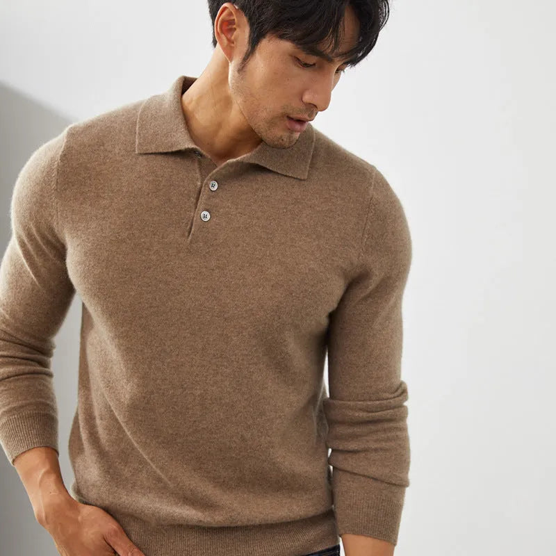 Men's loose fit cashmere pullover sweater with a polo collar in sapphire blue