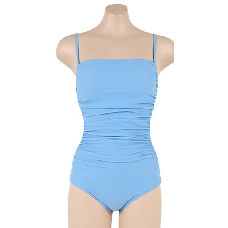 Sling style belly pleated one-piece swimsuit in solid color nylon and spandex blend for spring bathing