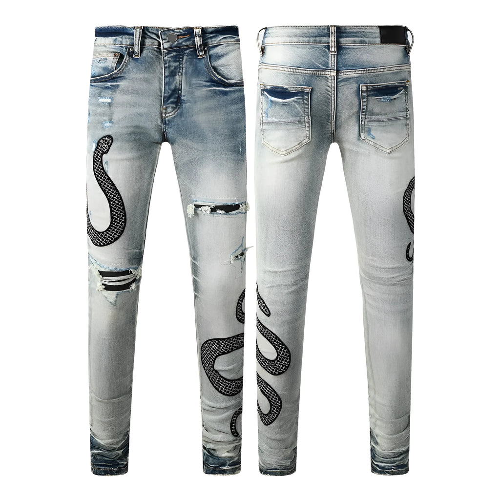 Distressed skinny jeans in mid-wash blue with street fashion styling and micro elasticity cotton fabric