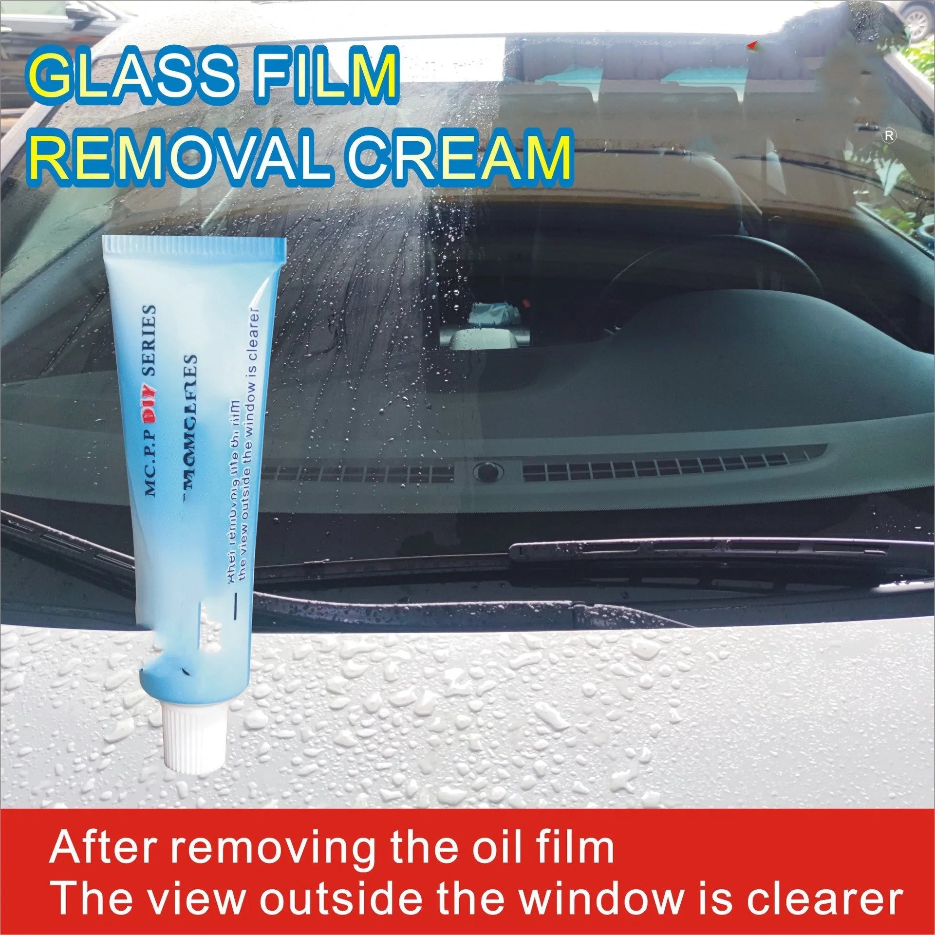 Automotive glass anti-fog cleaning product with 15ml rainproof spray in white English packaging
