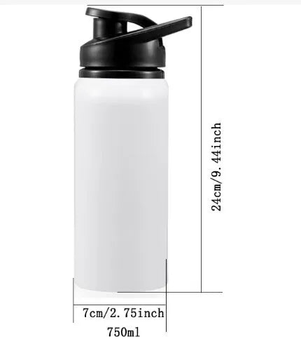 White aluminium sports water bottle shown in 600ml and 750ml capacity options.