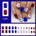 Set of 24 glossy red and blue press-on nail stickers with a strawberry pattern design for Independence Day.