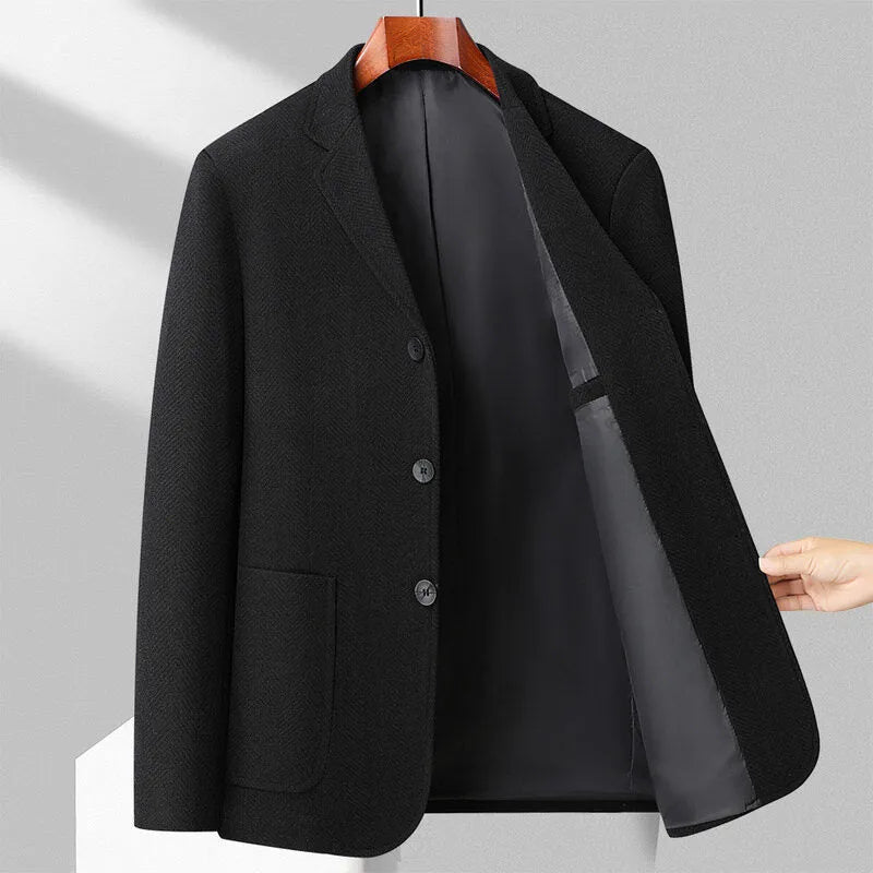 Men's solid colour loose-fit wool coat shown in black, suitable for spring and autumn casual wear