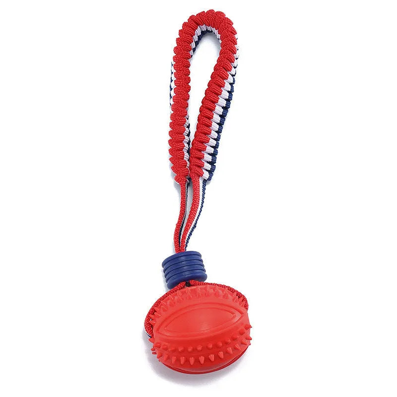 Blue natural rubber dog ball with rope attached measuring 6.5cm diameter