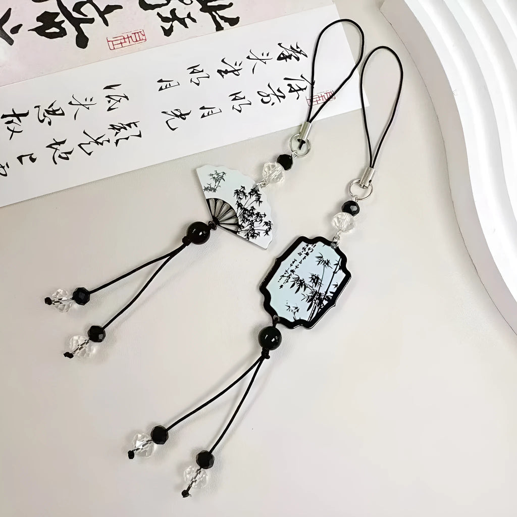 Chinese style beaded keychain with fan and poetry pattern for schoolbag or car