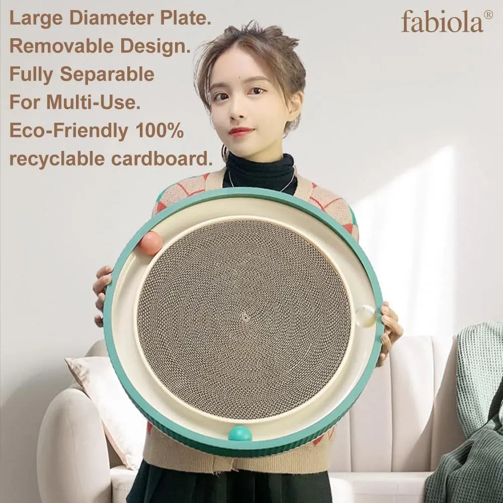 Large circular cat scratching board with replaceable cardboard centre and integrated ball toys