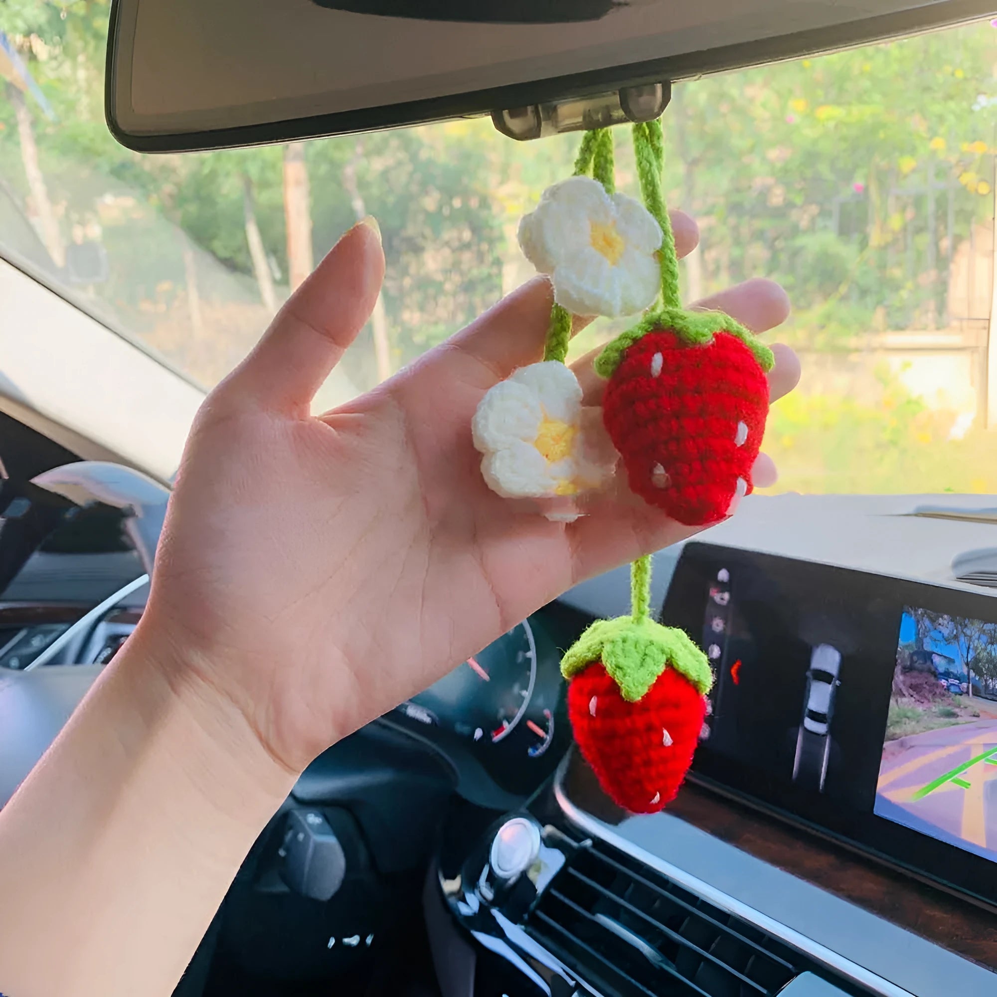 Handmade strawberry-shaped weaving pendant for car decoration, made from cotton and hemp.