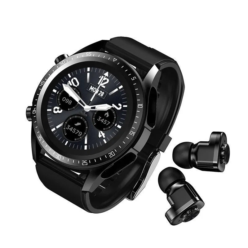 Black smart watch with silicone strap showing blood pressure and oxygen monitoring on its 1.28 inch screen