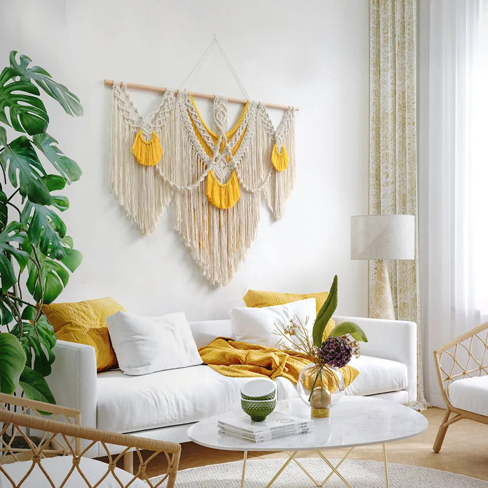 Creamy white woven cotton tapestry wall hanging with rectangular 120x95cm dimensions and hand-made weaving texture