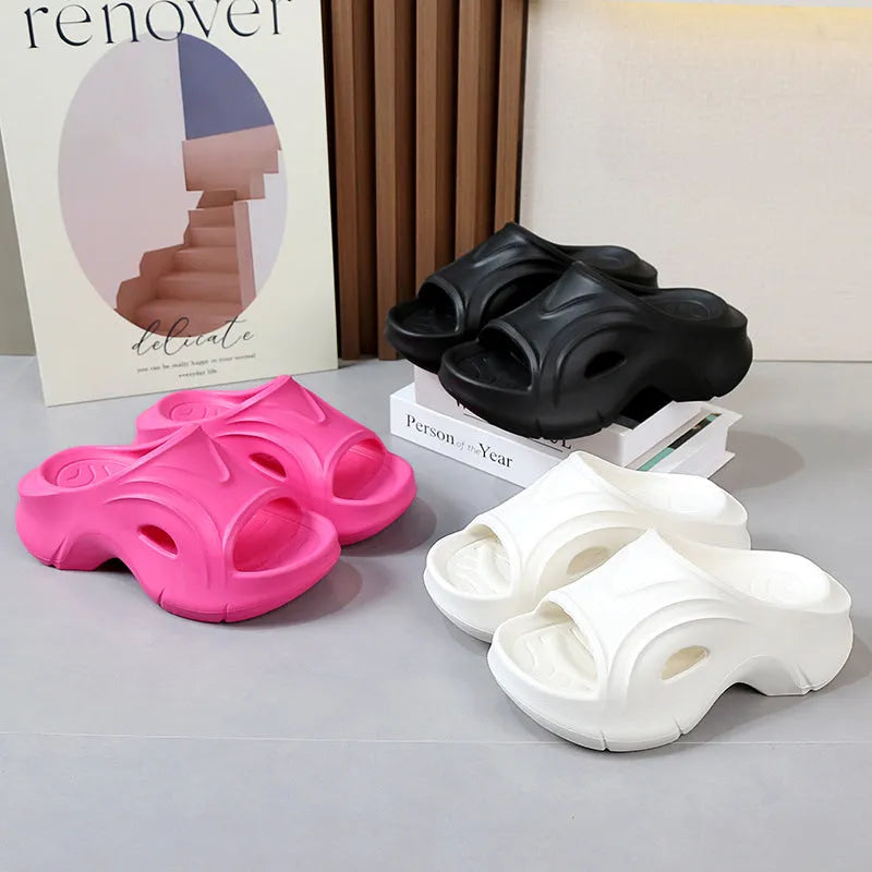 Women's thick-soled EVA beach slippers in black, white and rose red colours