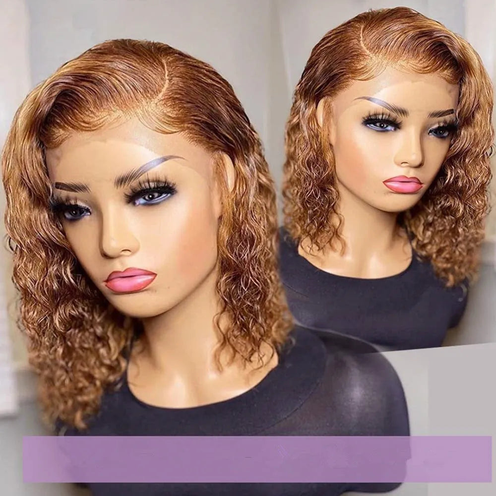Short curly honey blonde bob wig with long bangs and lace front on a mannequin