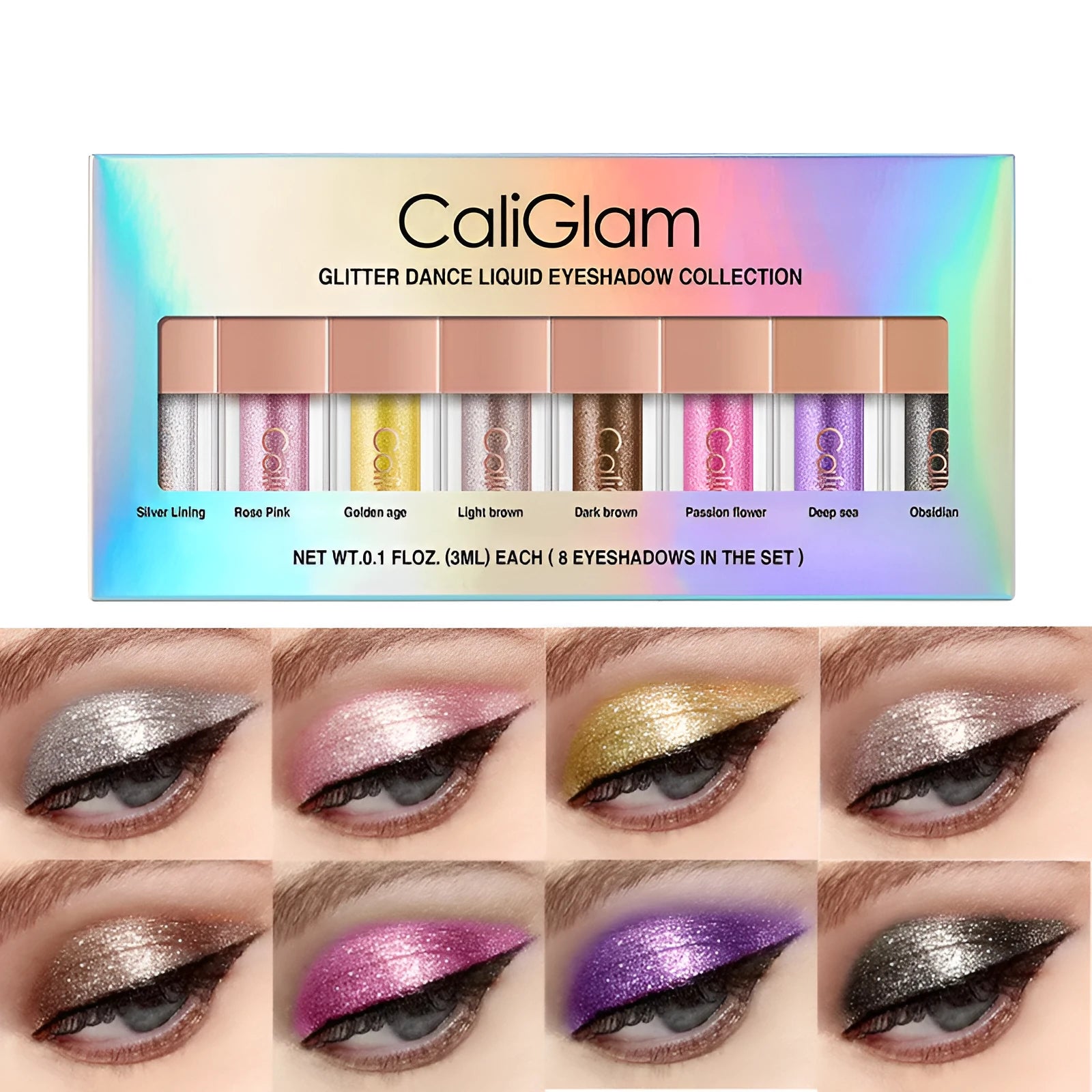 Multicolor pearl glitter liquid eyeshadow set with eight colours in black palette C005